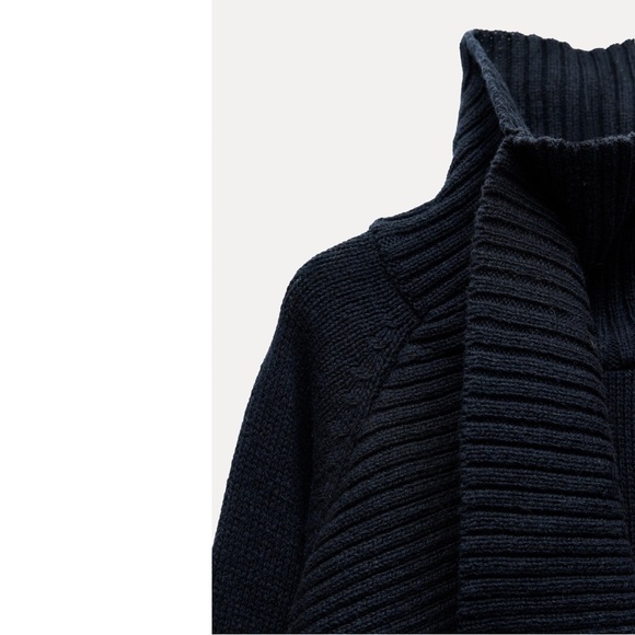 ZARA Ribbed Asymmetrical Turtleneck Sweater Navy Wool Blend Size S Minimal Knit - Picture 10 of 16